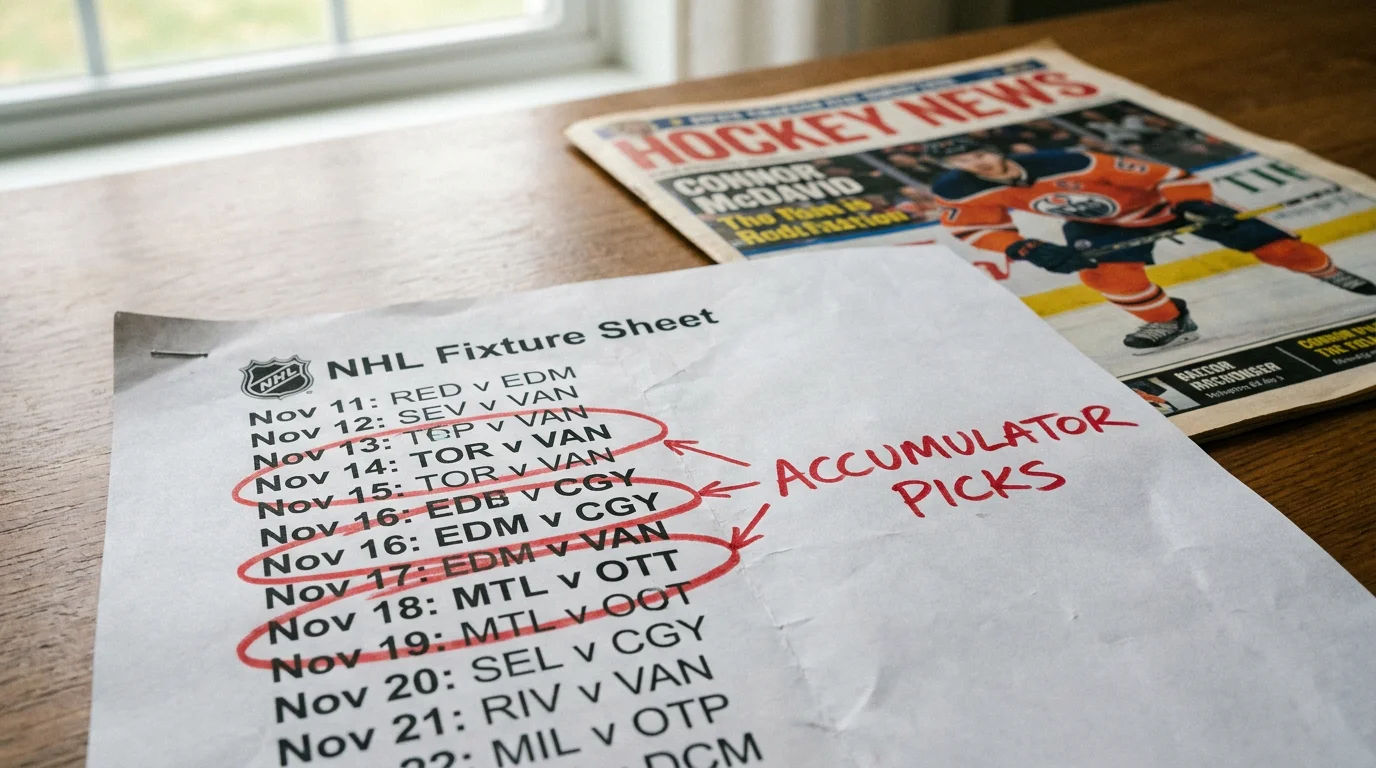 Three NHL games marked on a printed schedule sheet as accumulator selections