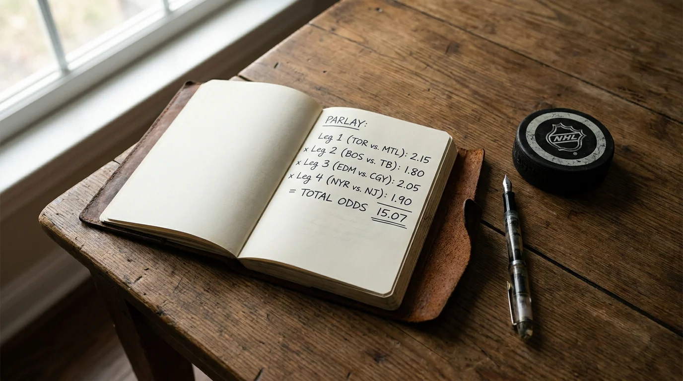 Notebook of hand-written NHL parlay math showing how vig stacks across legs