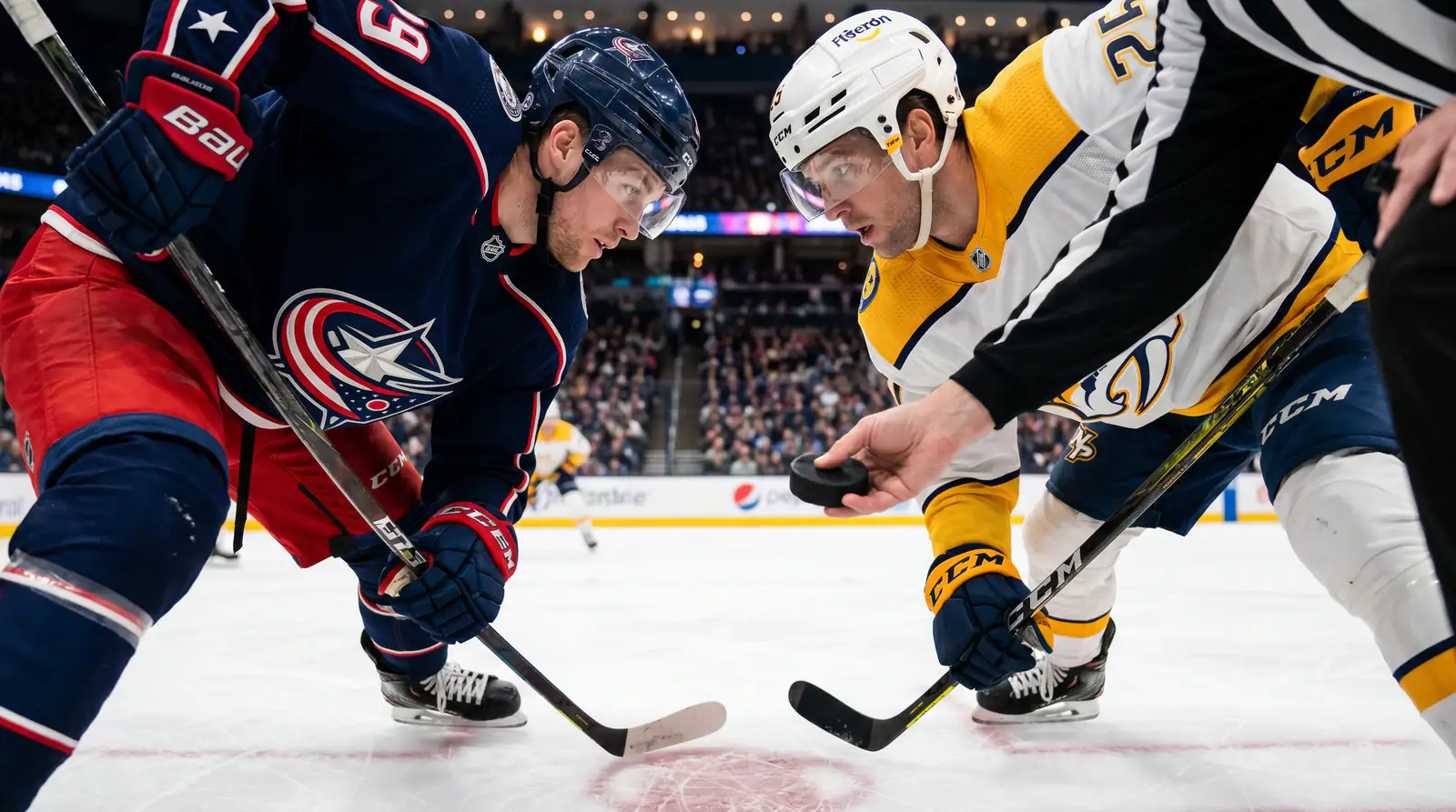 Two NHL centres squaring off at the face-off dot under arena lights
