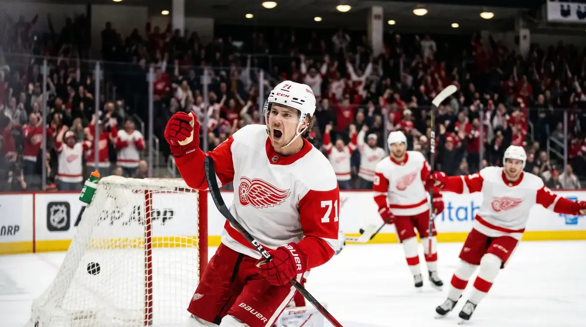 NHL top-line forward raising his stick after scoring a goal in front of the home crowd