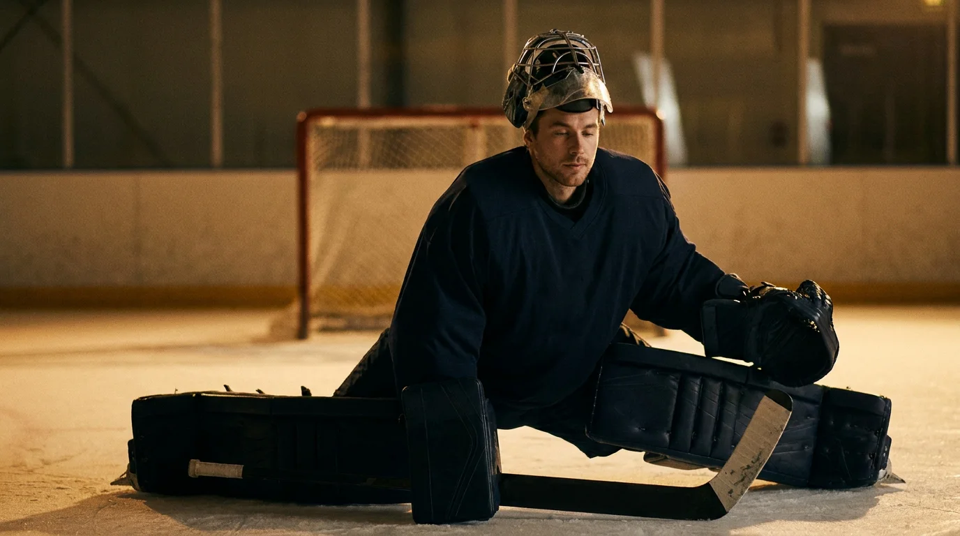 NHL backup goalie stretching in full pads before taking the net