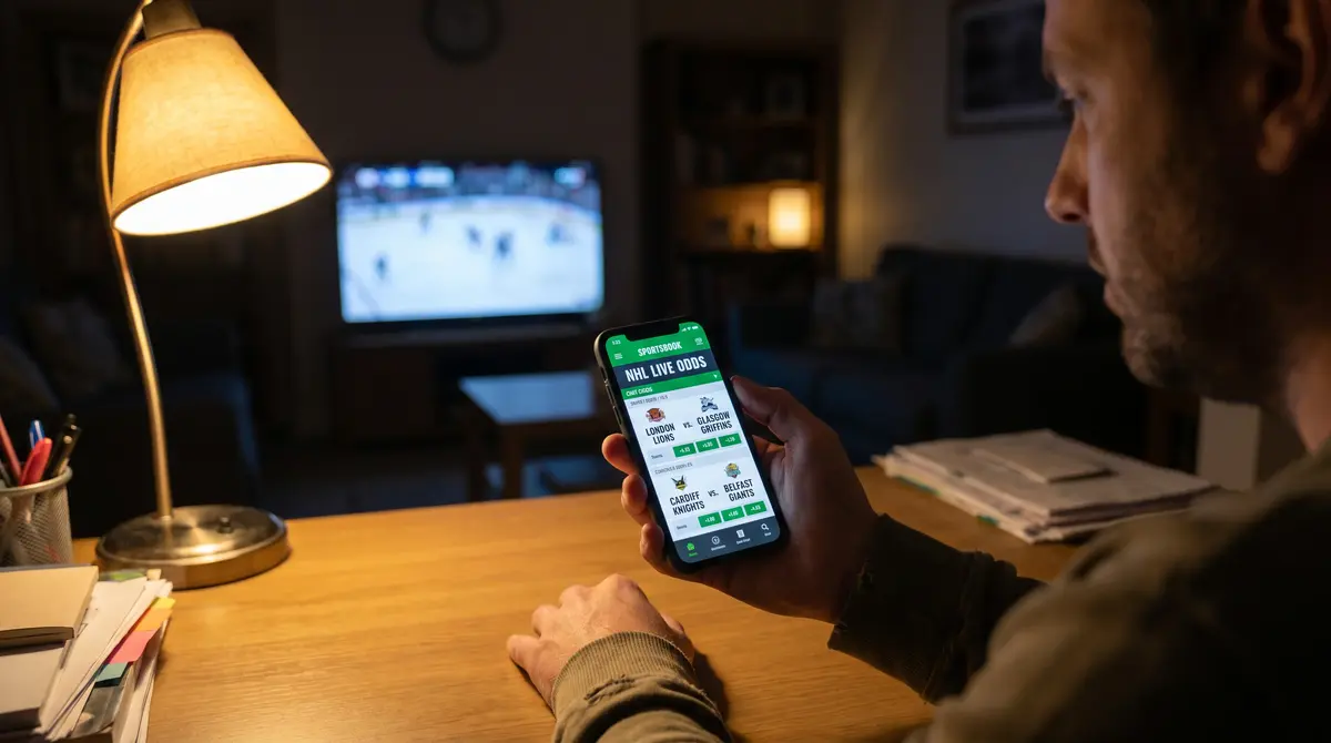 UK punter reviewing NHL live odds on a mobile sportsbook app late at night