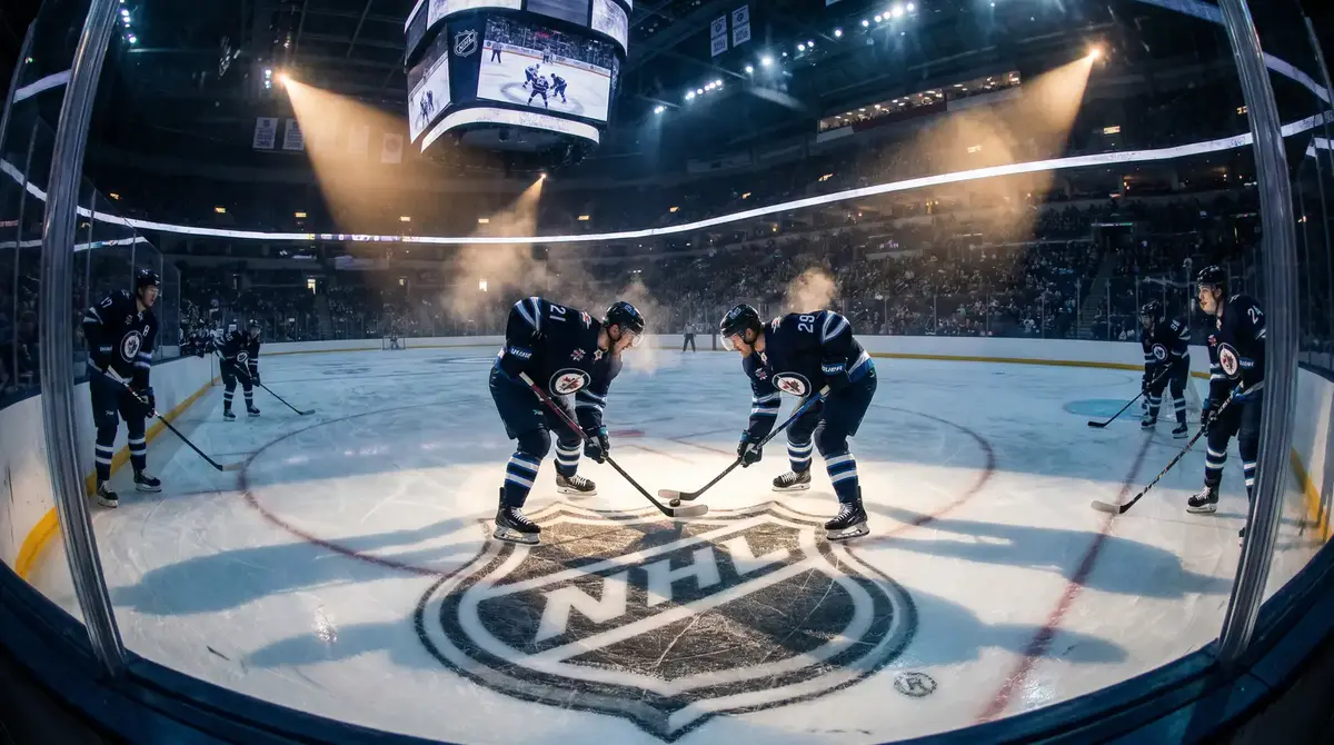 Ice hockey rink at puck drop with NHL players ready under arena spotlights