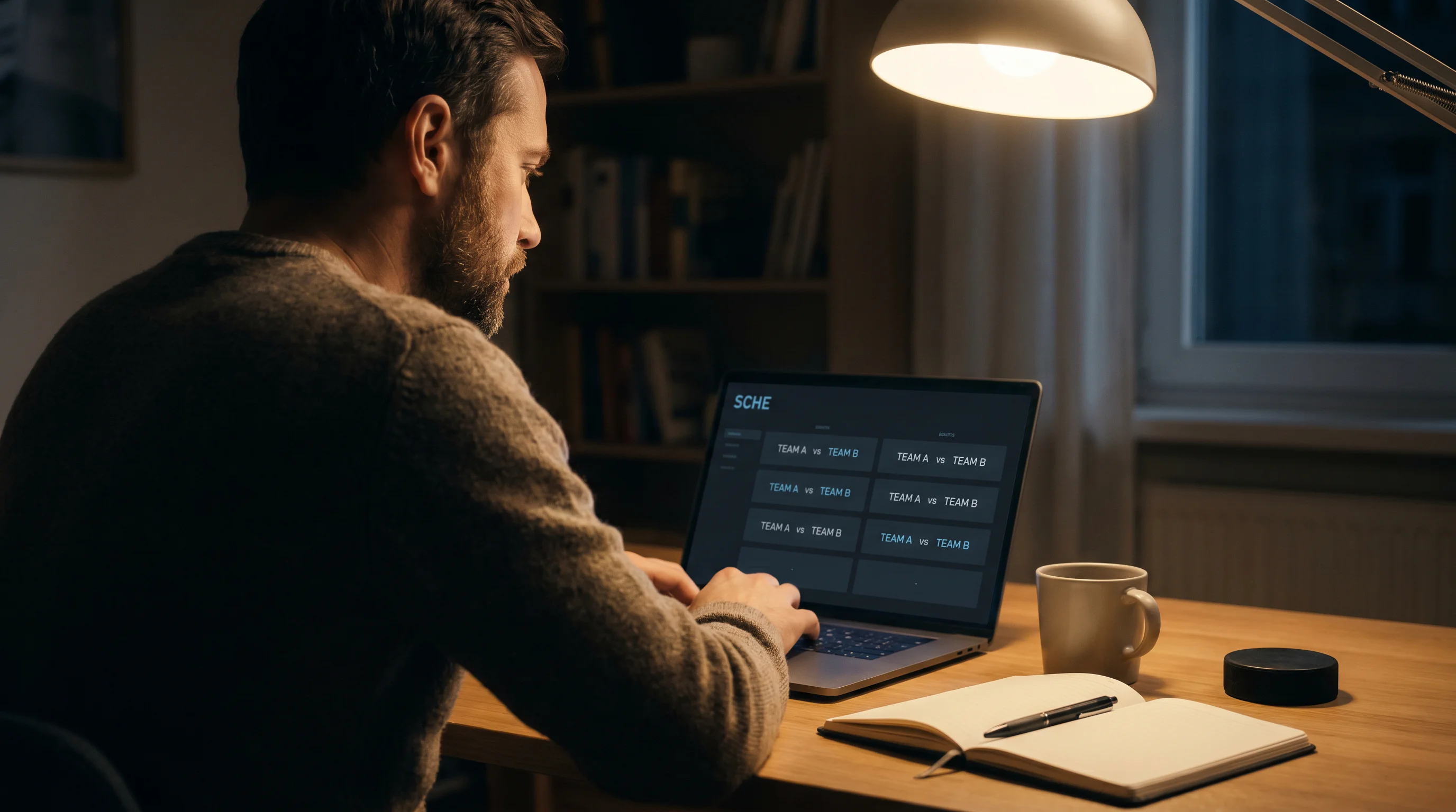 Hockey fan at home checking NHL schedule on a laptop in the evening