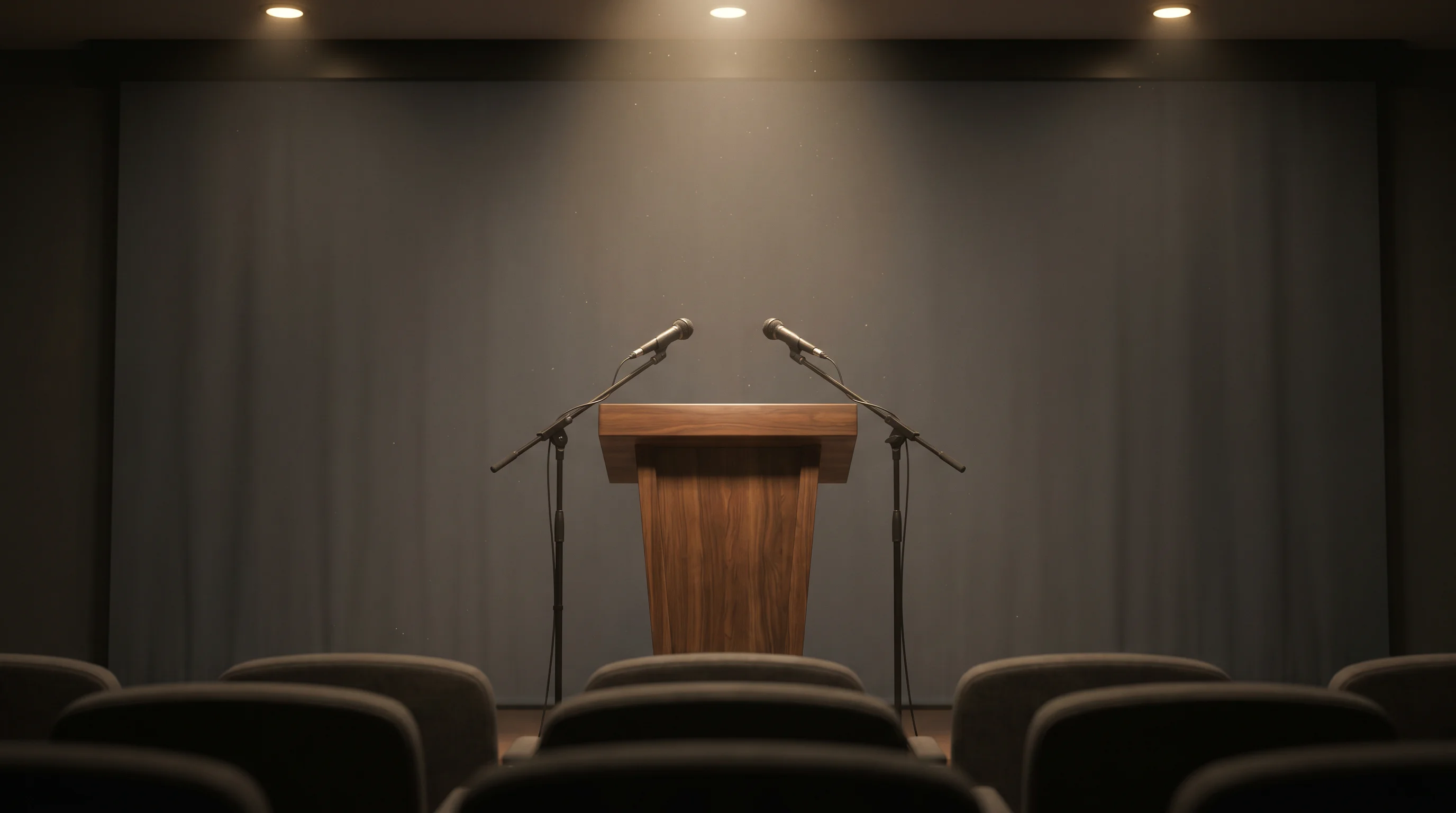 Empty conference podium with microphones in a press-event hall