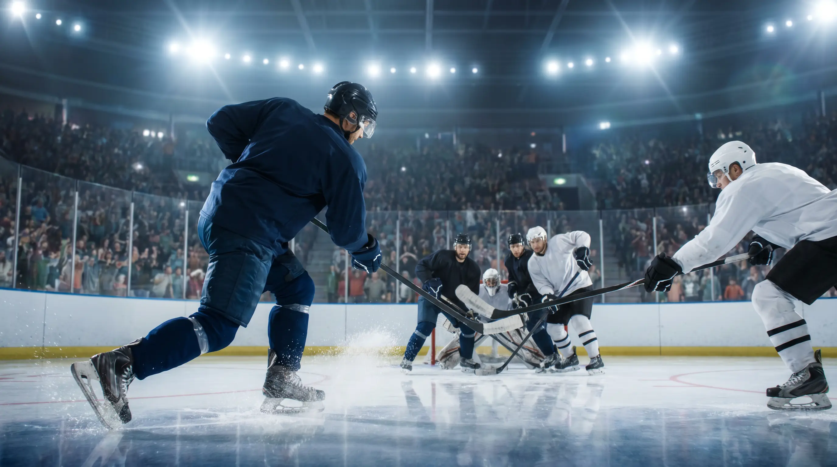 NHL defenceman winding up for a shot from the blue line
