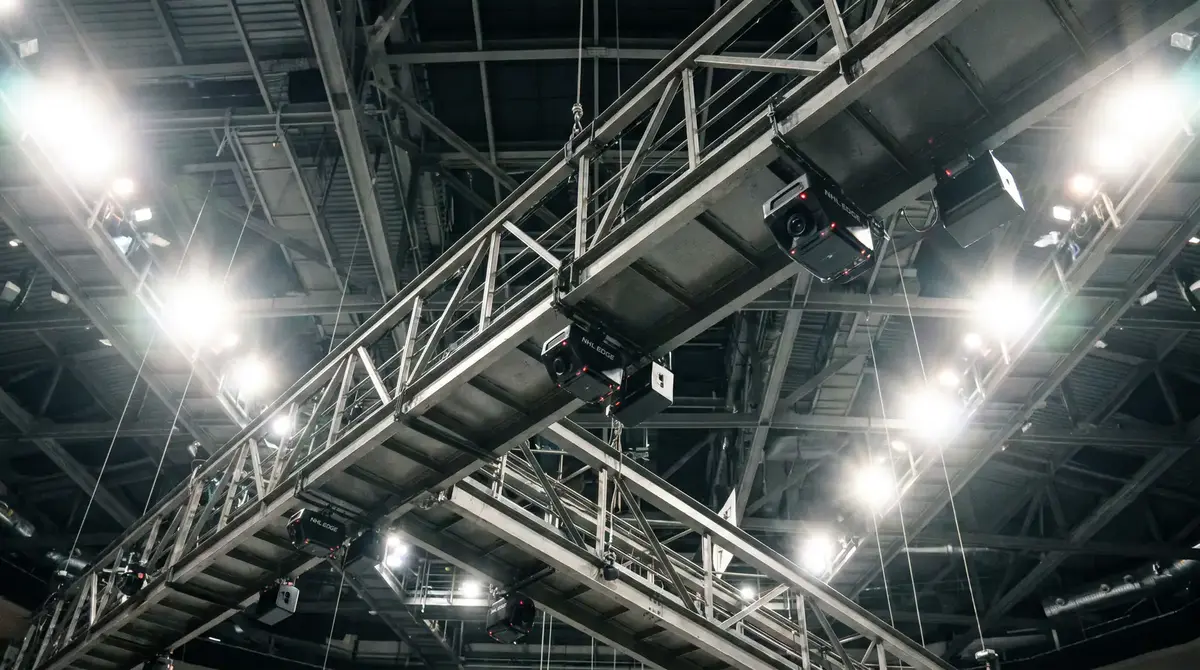 NHL EDGE infrared tracking cameras and sensors mounted high in the arena rafters above the ice