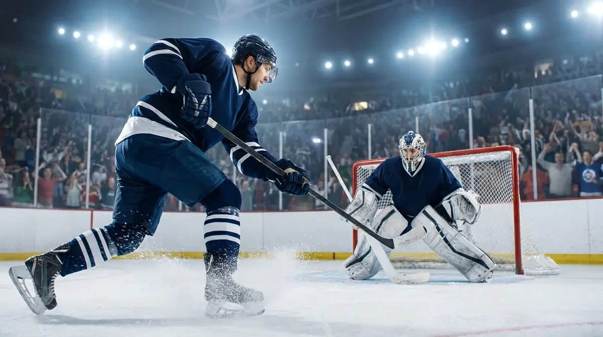 NHL forward on a breakaway winding up a shot at the goalie at top skating speed