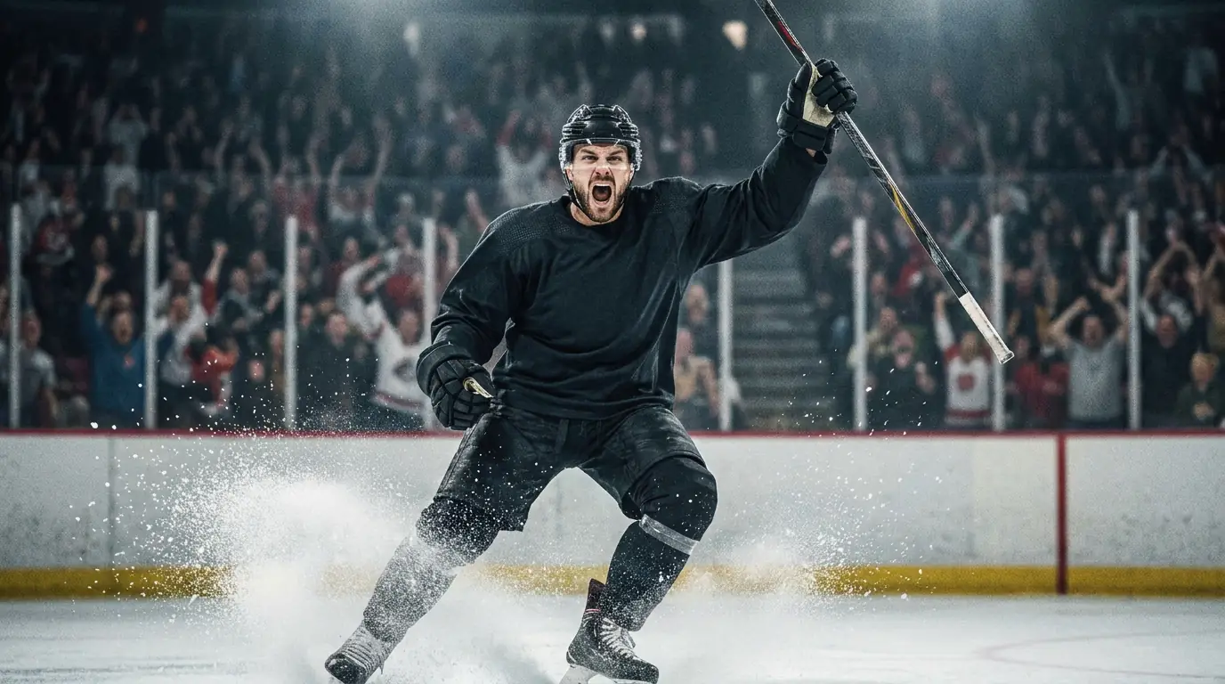 NHL forward raising his stick after scoring an important regular-season goal