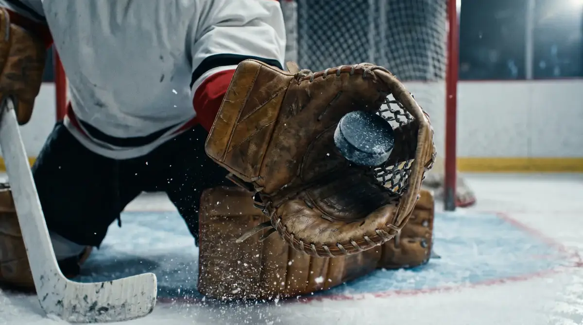 NHL goalie reaching out with the catching glove to snare a high shot in the crease