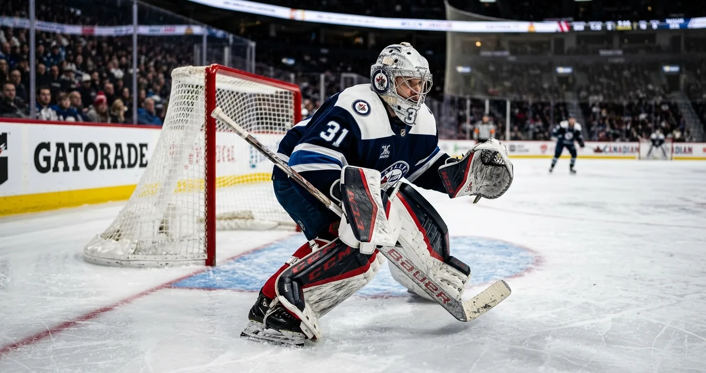 NHL starting goaltender in full pads guarding the crease before face-off