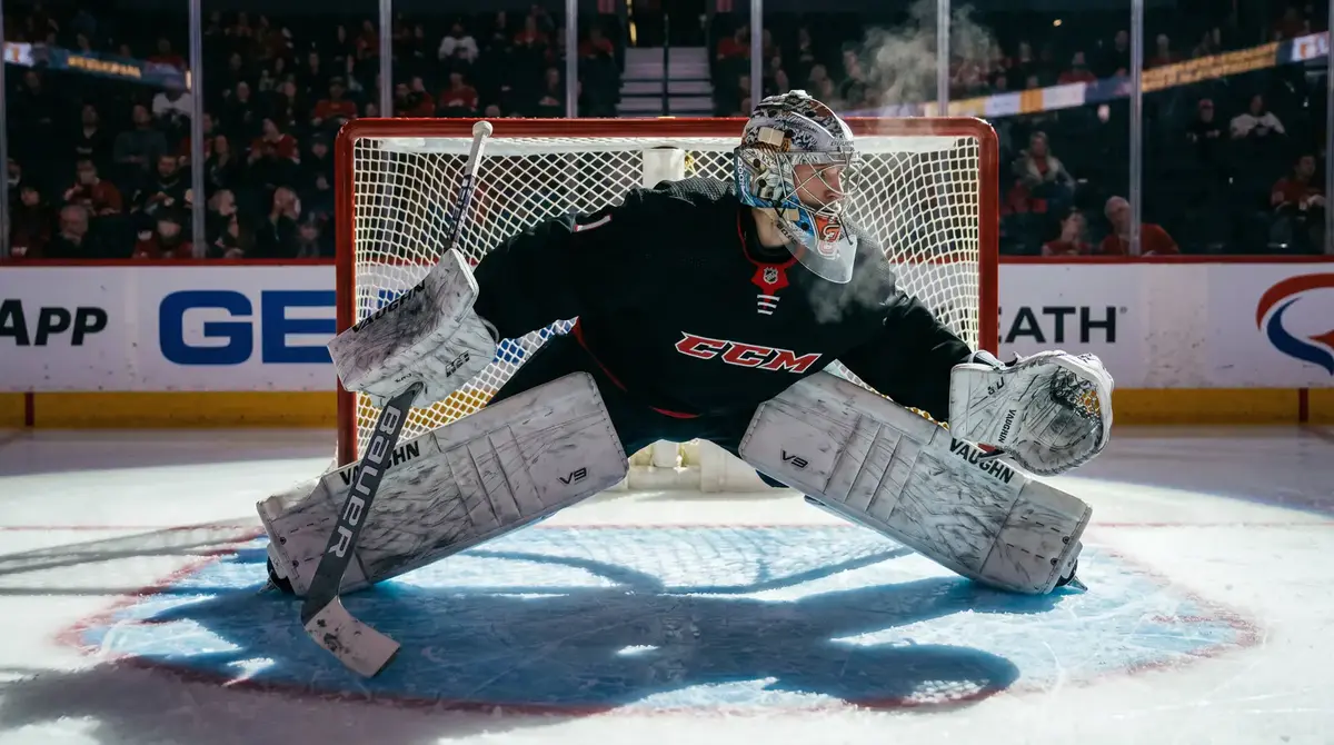 NHL starting goalie in full pads stretching inside the crease during pre-game warmup