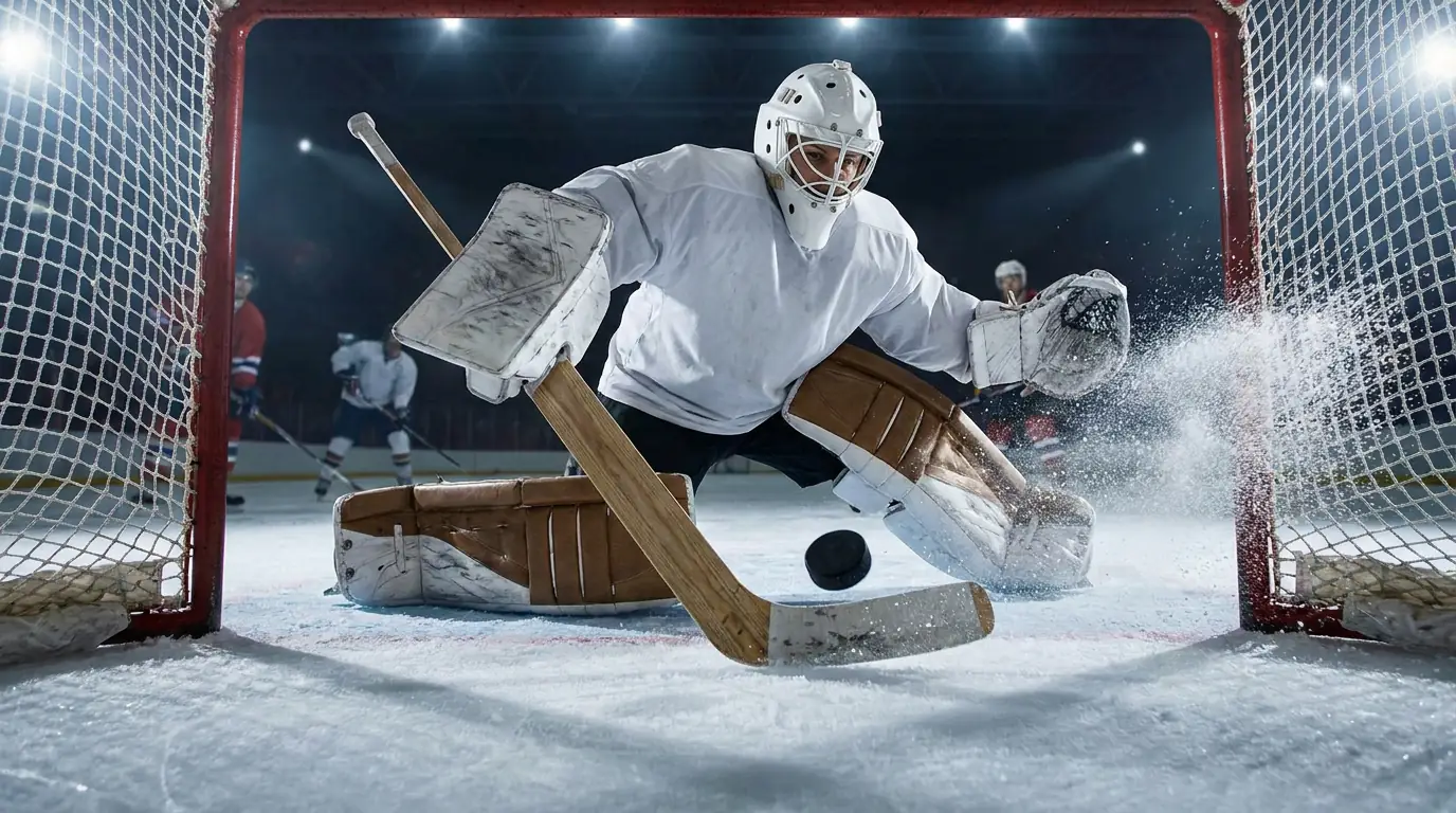 NHL goaltender making a stick save against a close-range shot