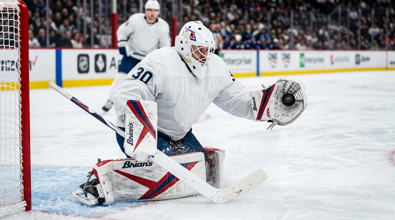 NHL goaltender in full pads making a glove save against a high-velocity slapshot at close range