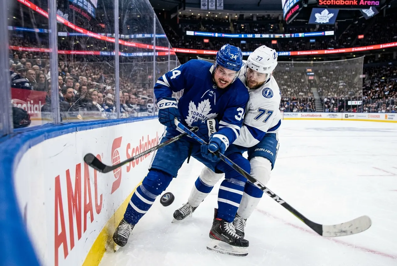 NHL forward winning a board battle during live play