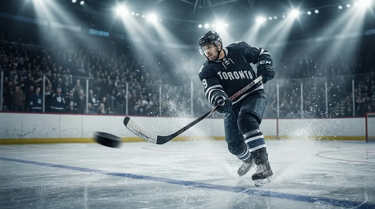 NHL forward winding up a slap shot from the offensive blue line under arena spotlights