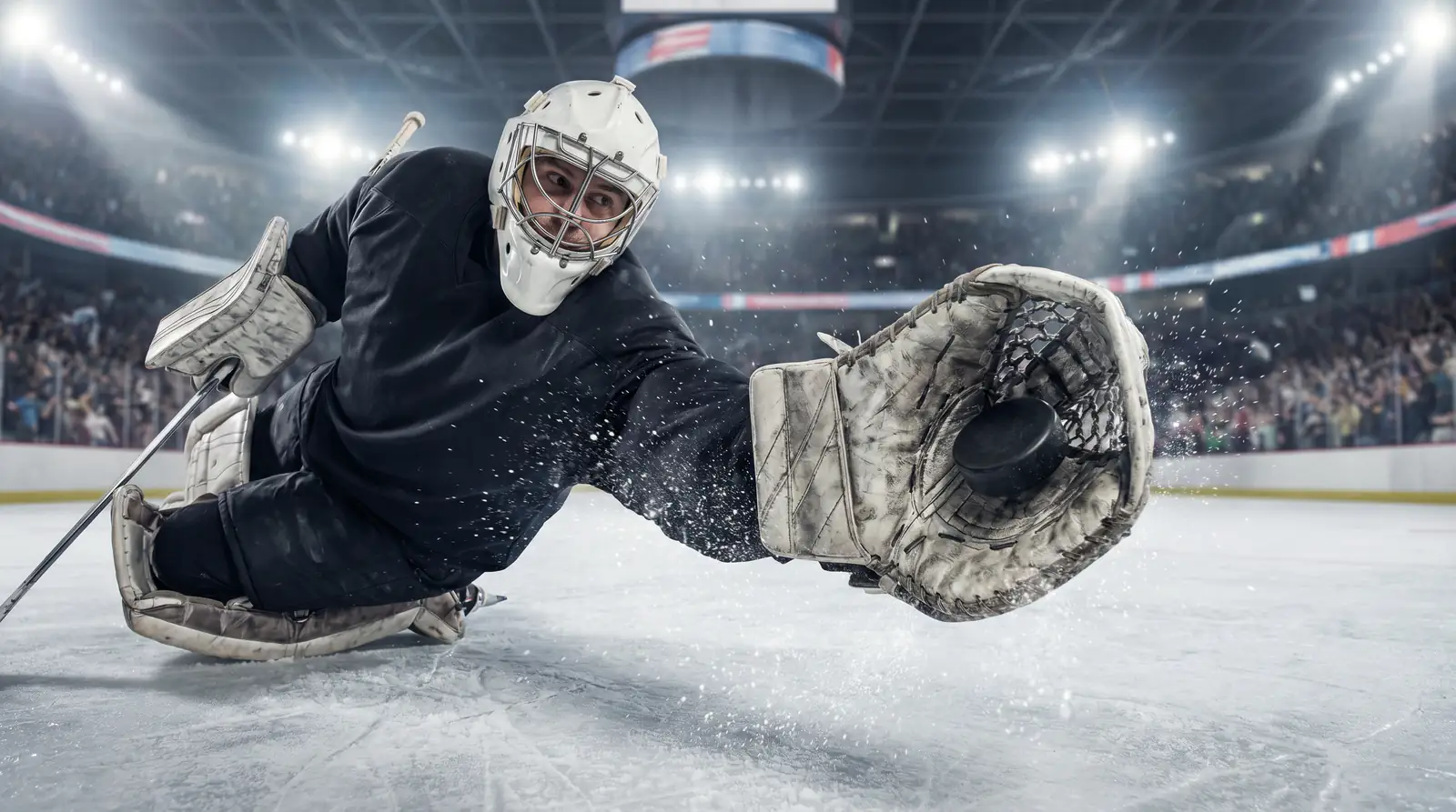 NHL playoff goaltender making a sprawling glove save