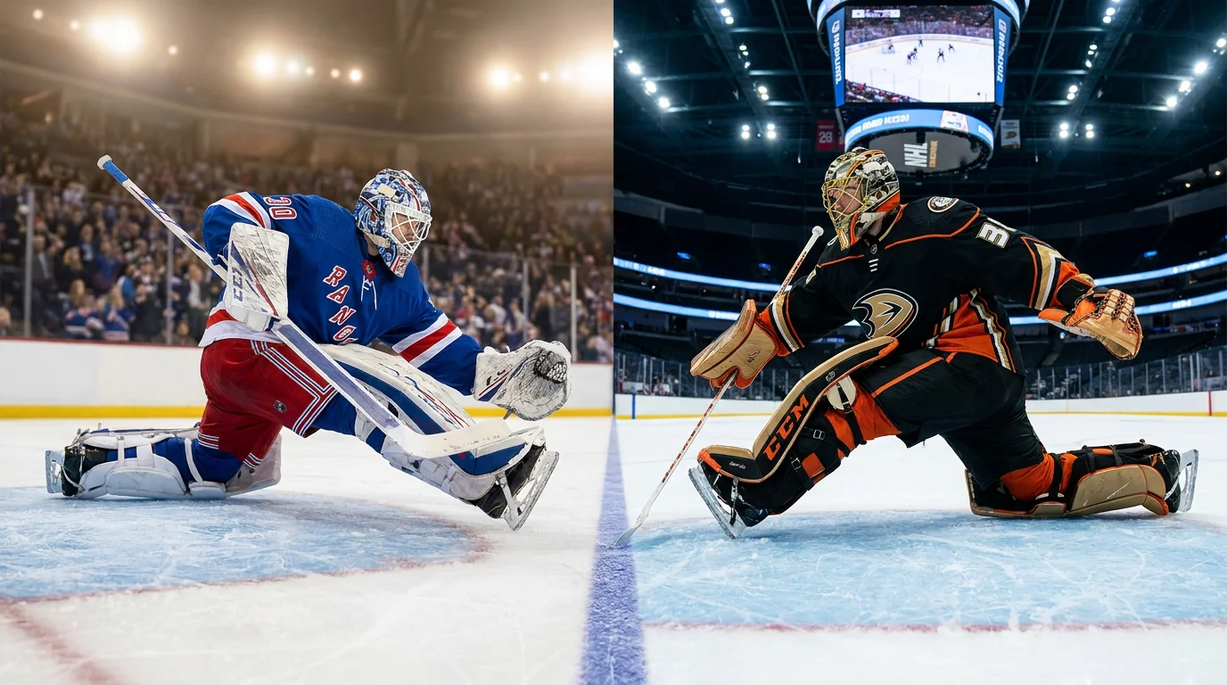 Two NHL playoff goaltenders in their creases during pre-game warm-ups