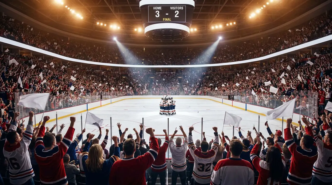 NHL playoff crowd erupting in a packed arena after a series-winning goal