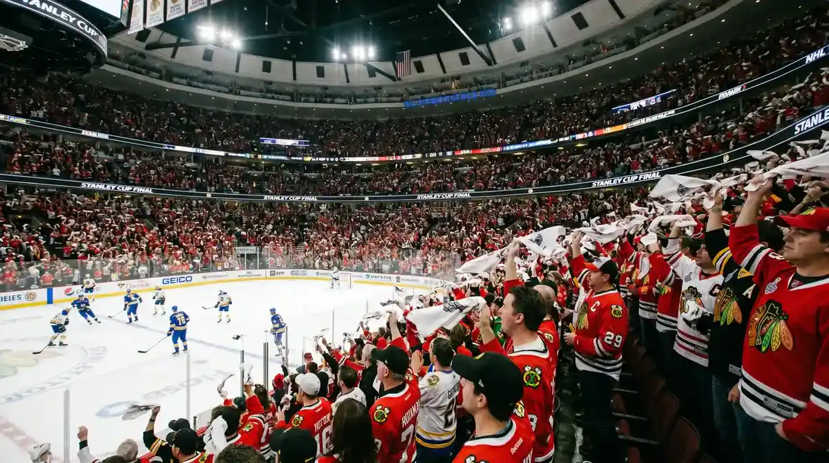 Packed NHL arena crowd during Stanley Cup Final game in full blue and white kit