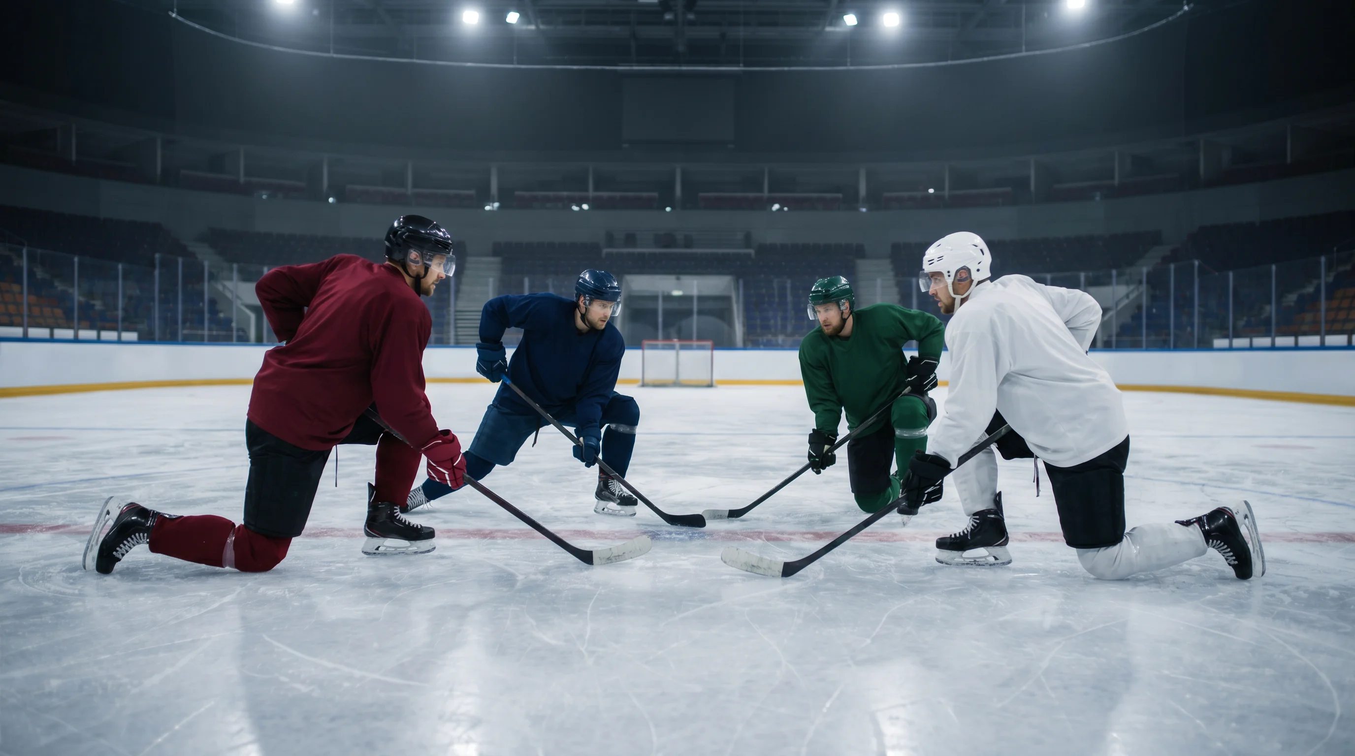 Elite ice hockey forwards warming up before an international tournament game