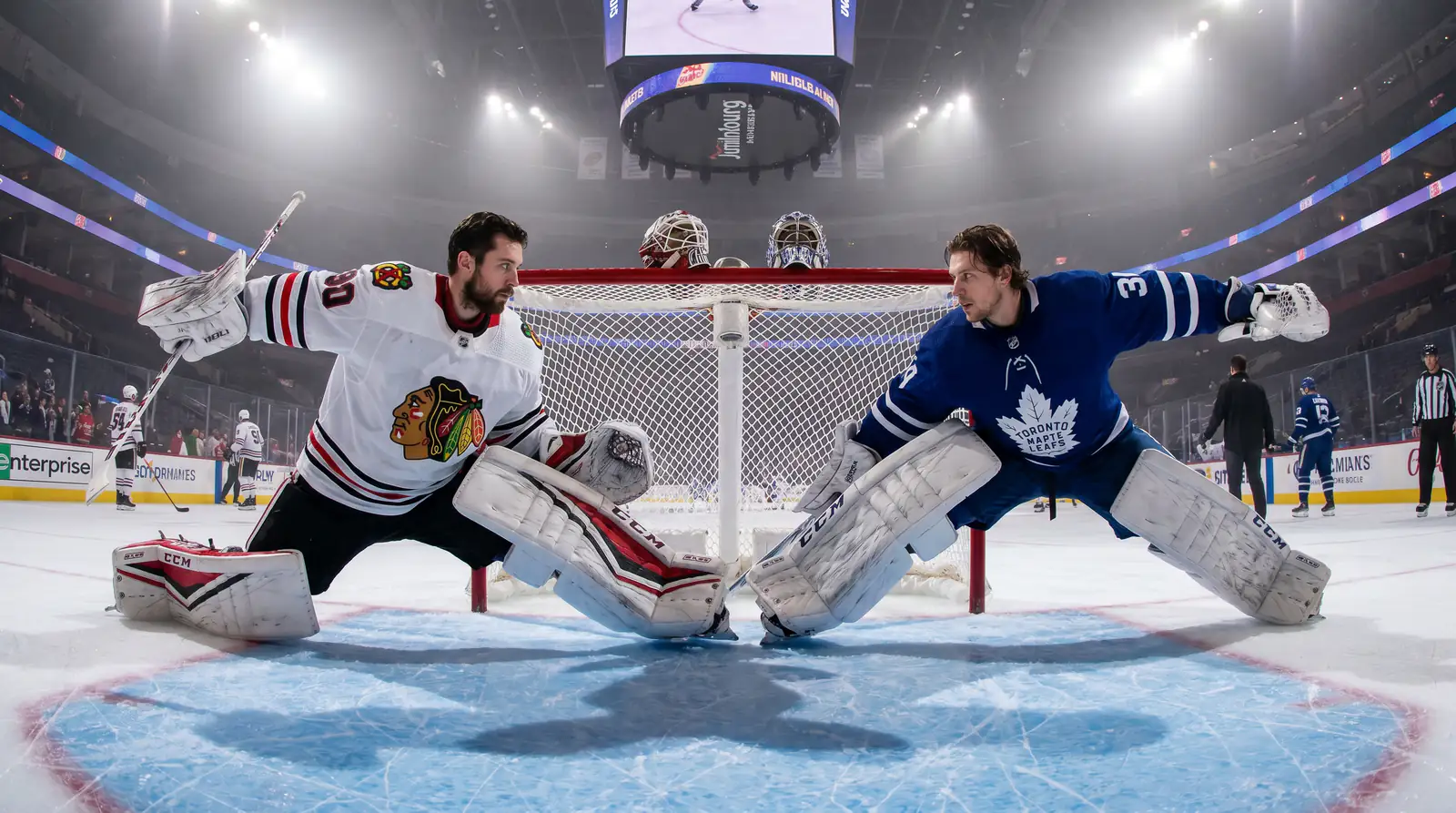 Two equally-skilled NHL tandem goaltenders together during pre-game warm-up
