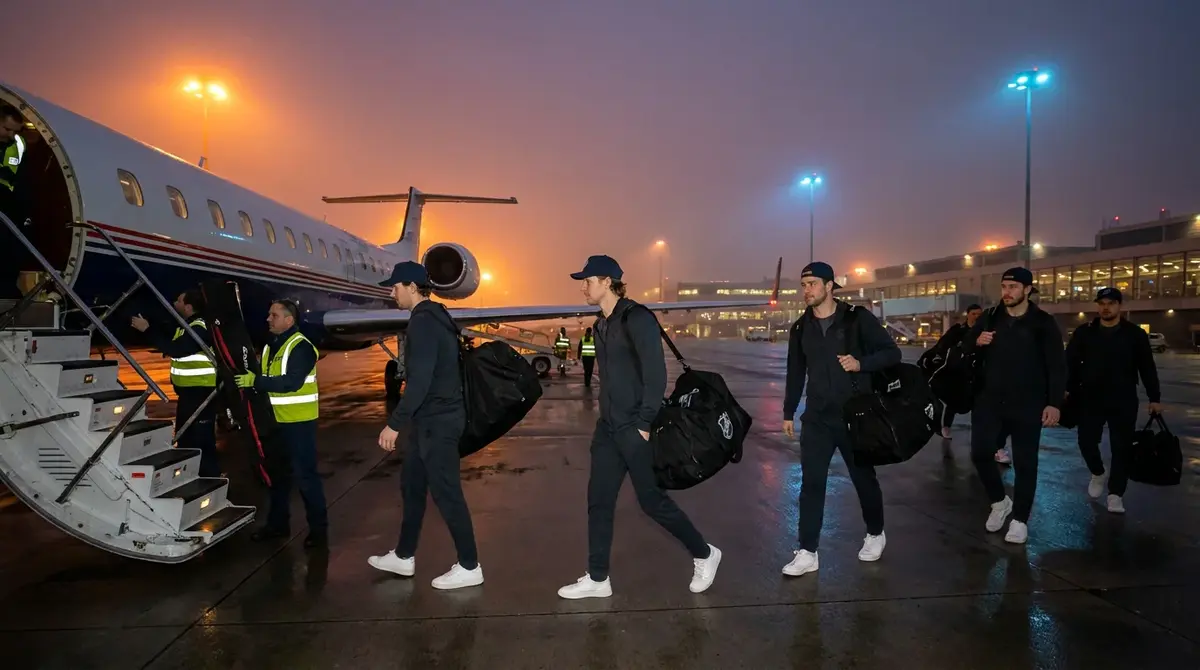 NHL players boarding a charter aircraft with equipment bags on the tarmac before a road game