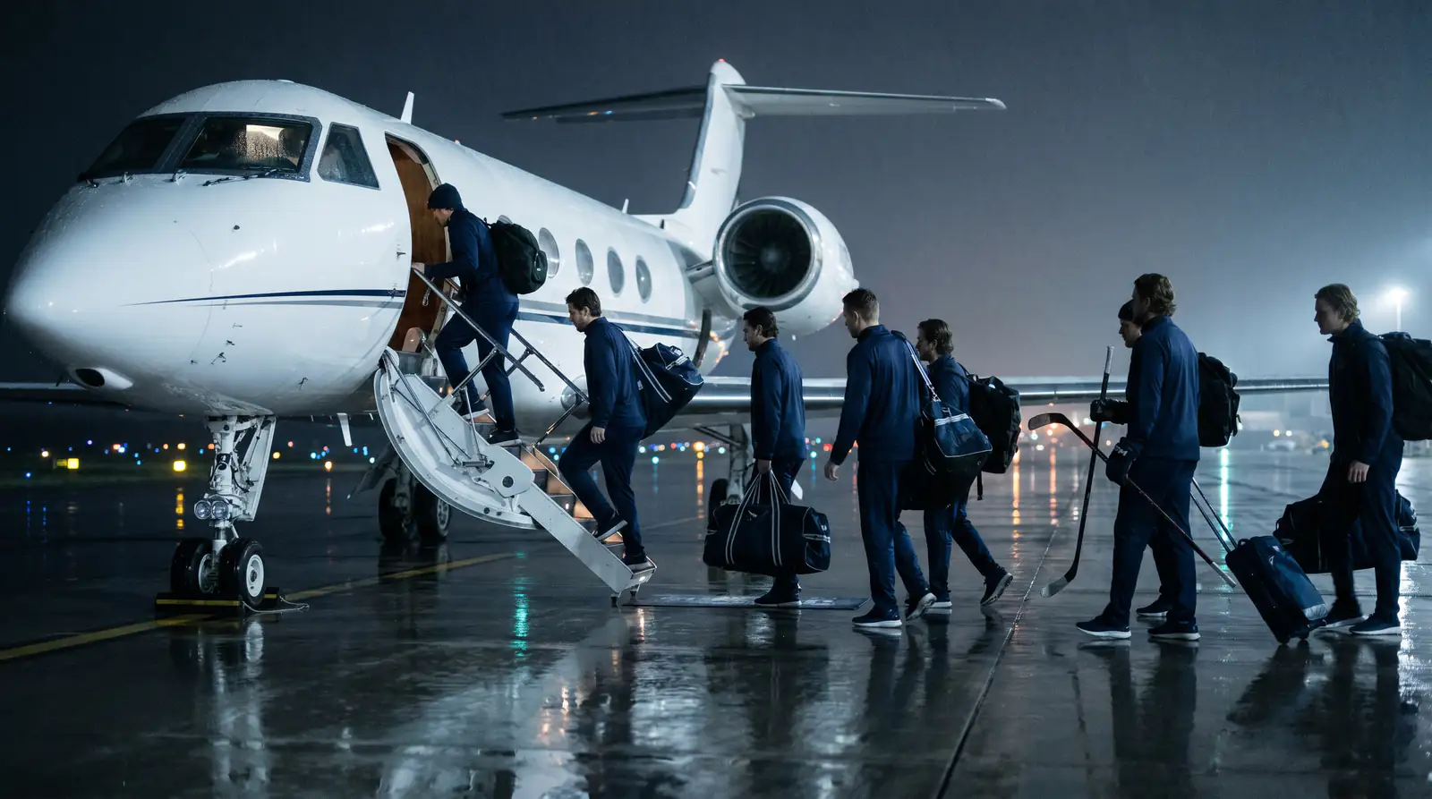 NHL team boarding a charter aircraft late at night for a road trip