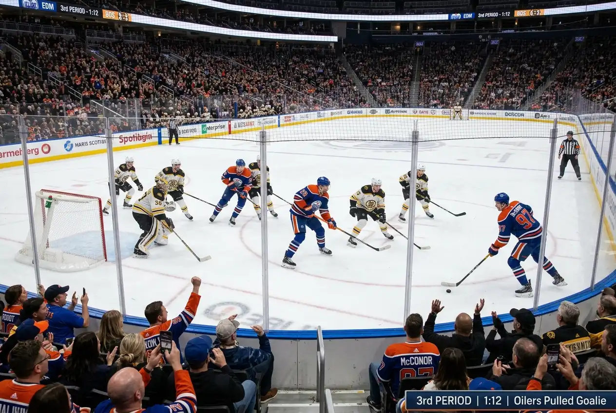 NHL third period with a goalie pulled and an empty net at one end