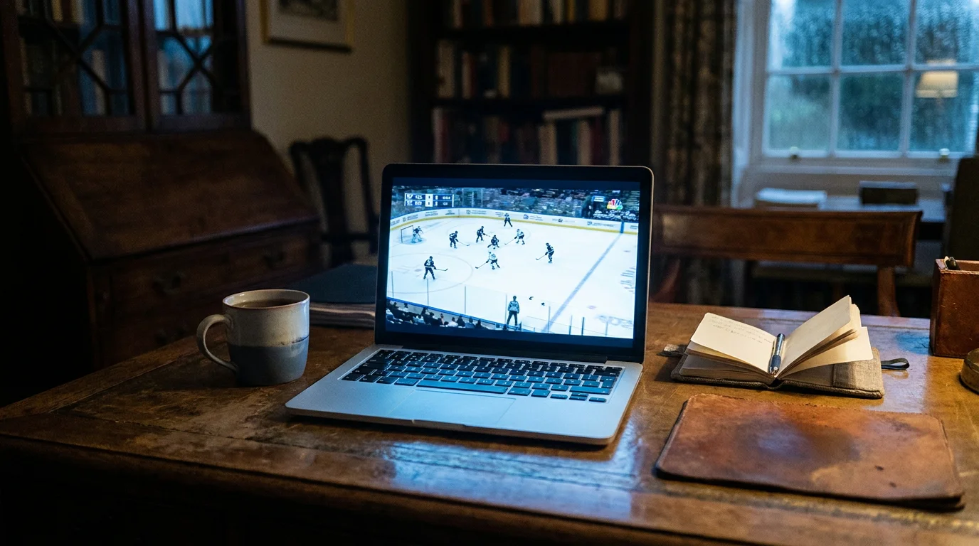 Open laptop streaming an ice hockey game late at night in a darkened British room with a mug beside it