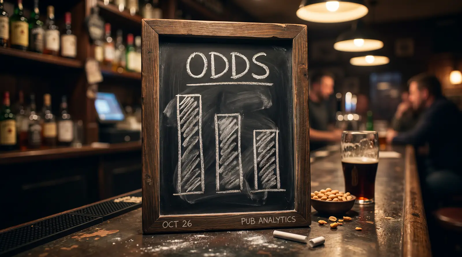 Small chalkboard sign with abstract odds-comparison sketch in a sports cafe