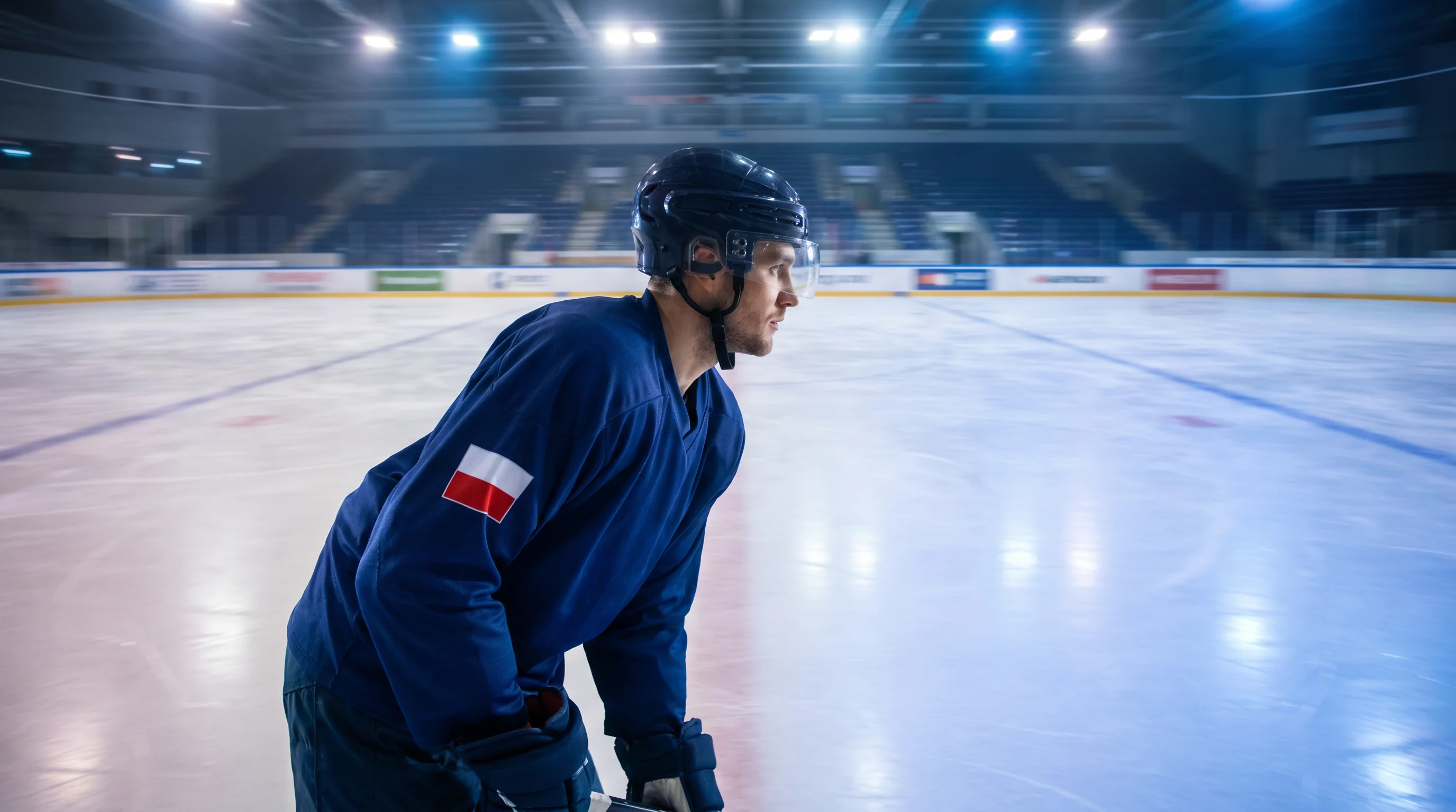 Olympic ice hockey player skating with a national flag patch on the sleeve