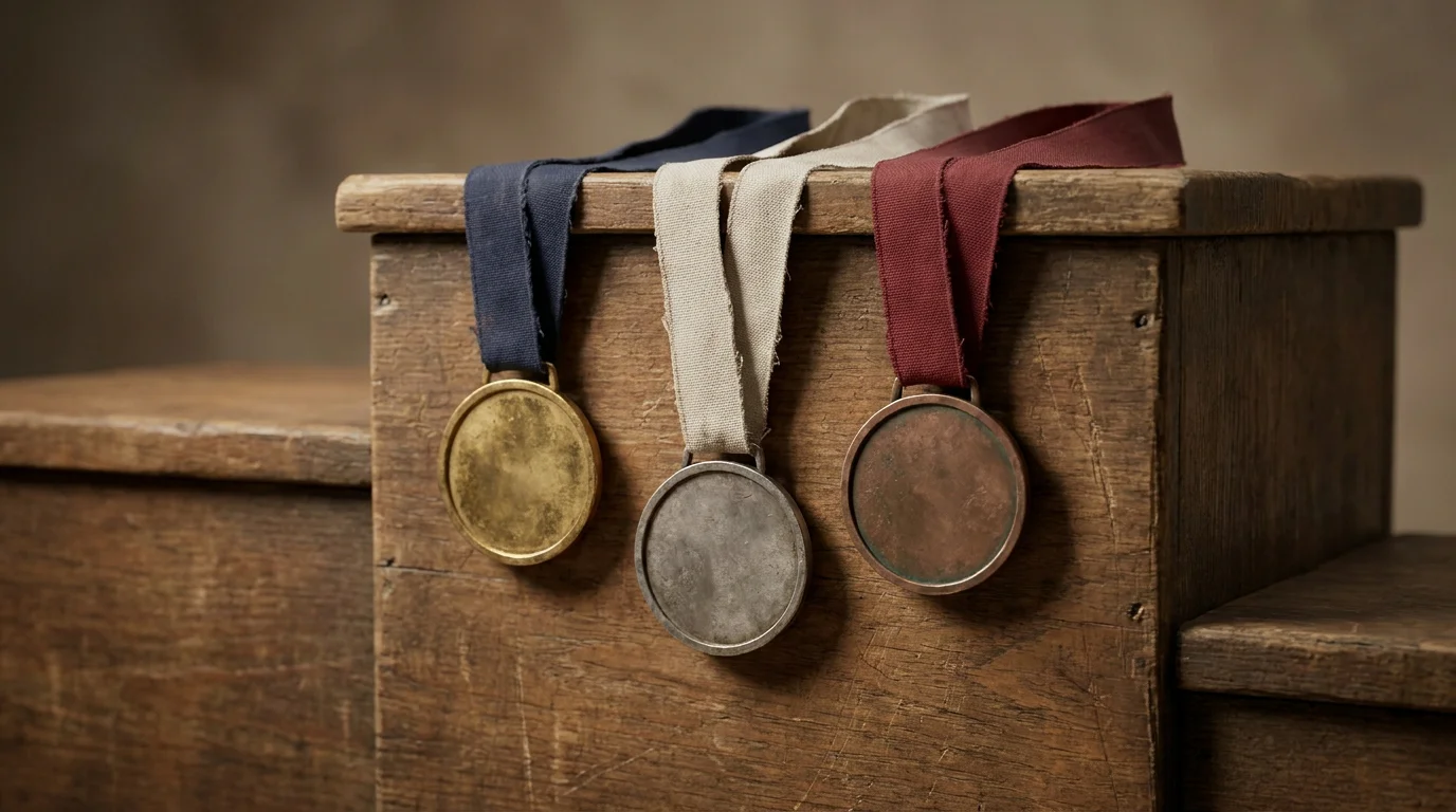 Olympic gold, silver and bronze medals laid out on a podium