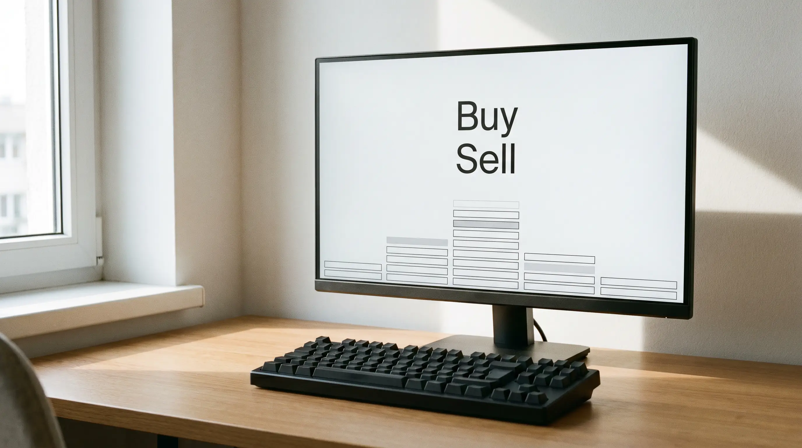 Clean exchange-style trading interface on a monitor with abstract order book