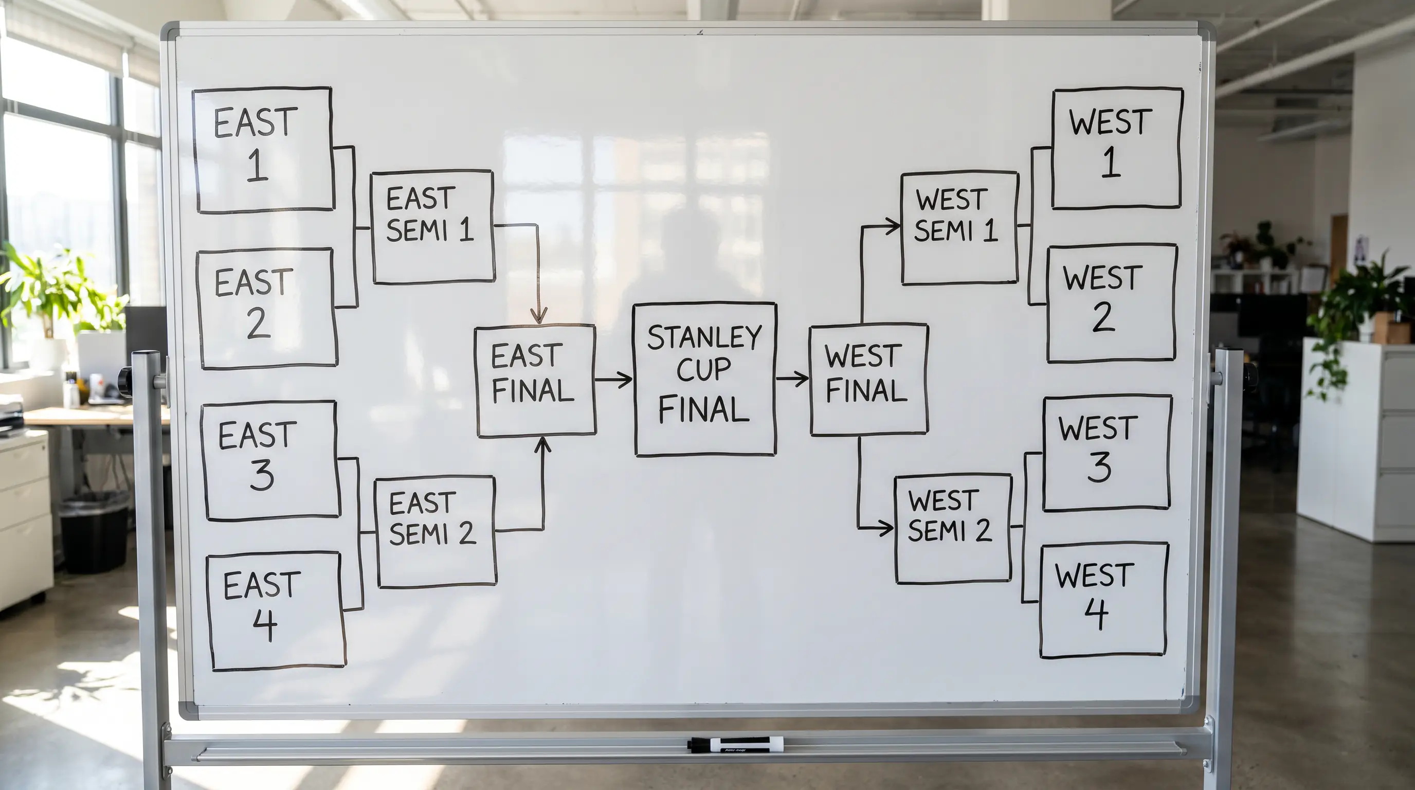 Hand-drawn playoff bracket sketch on a whiteboard with anonymous team slots