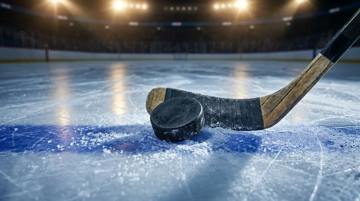 Ice hockey puck and stick resting on the blue line under arena lights in cinematic close-up