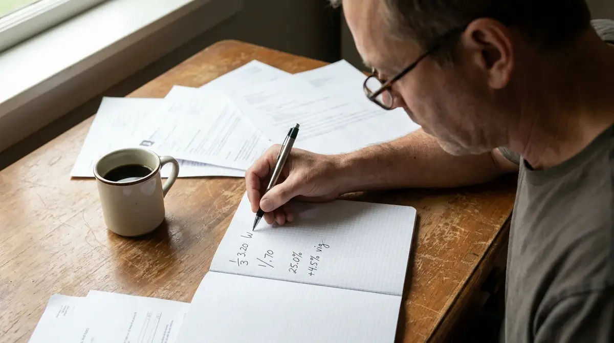 Hockey punter working through implied probability and vig calculations by hand in a notebook