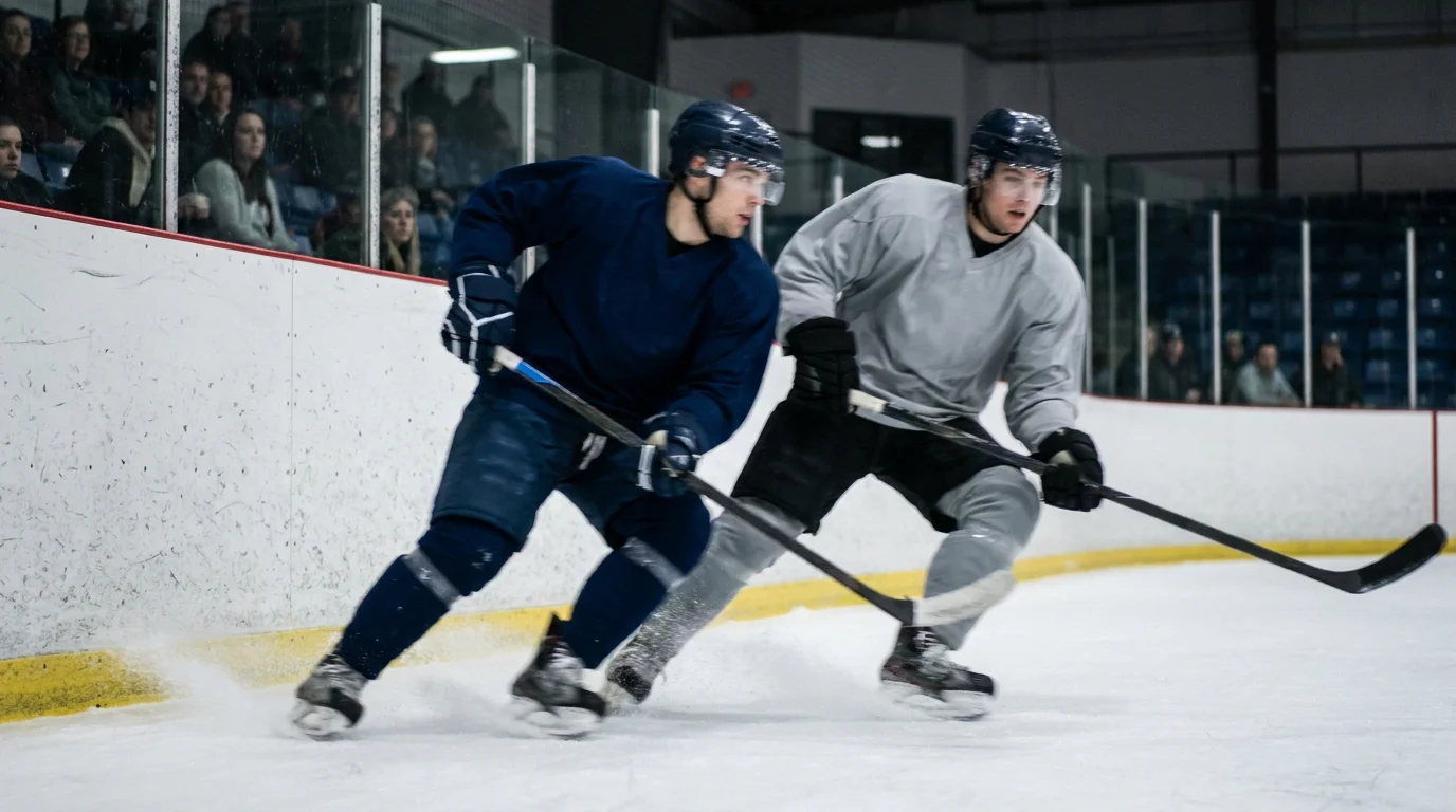 British ice-hockey league game in progress with anonymous players skating