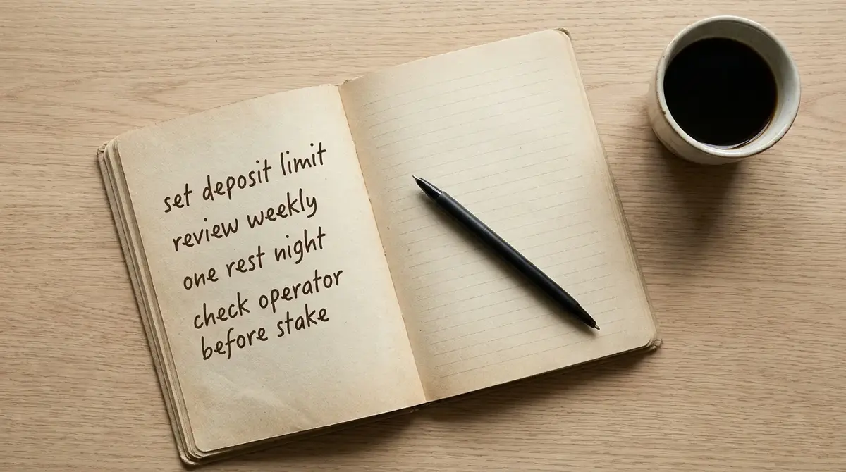 Open paper notebook with handwritten safer-gambling notes and a pen resting on the page