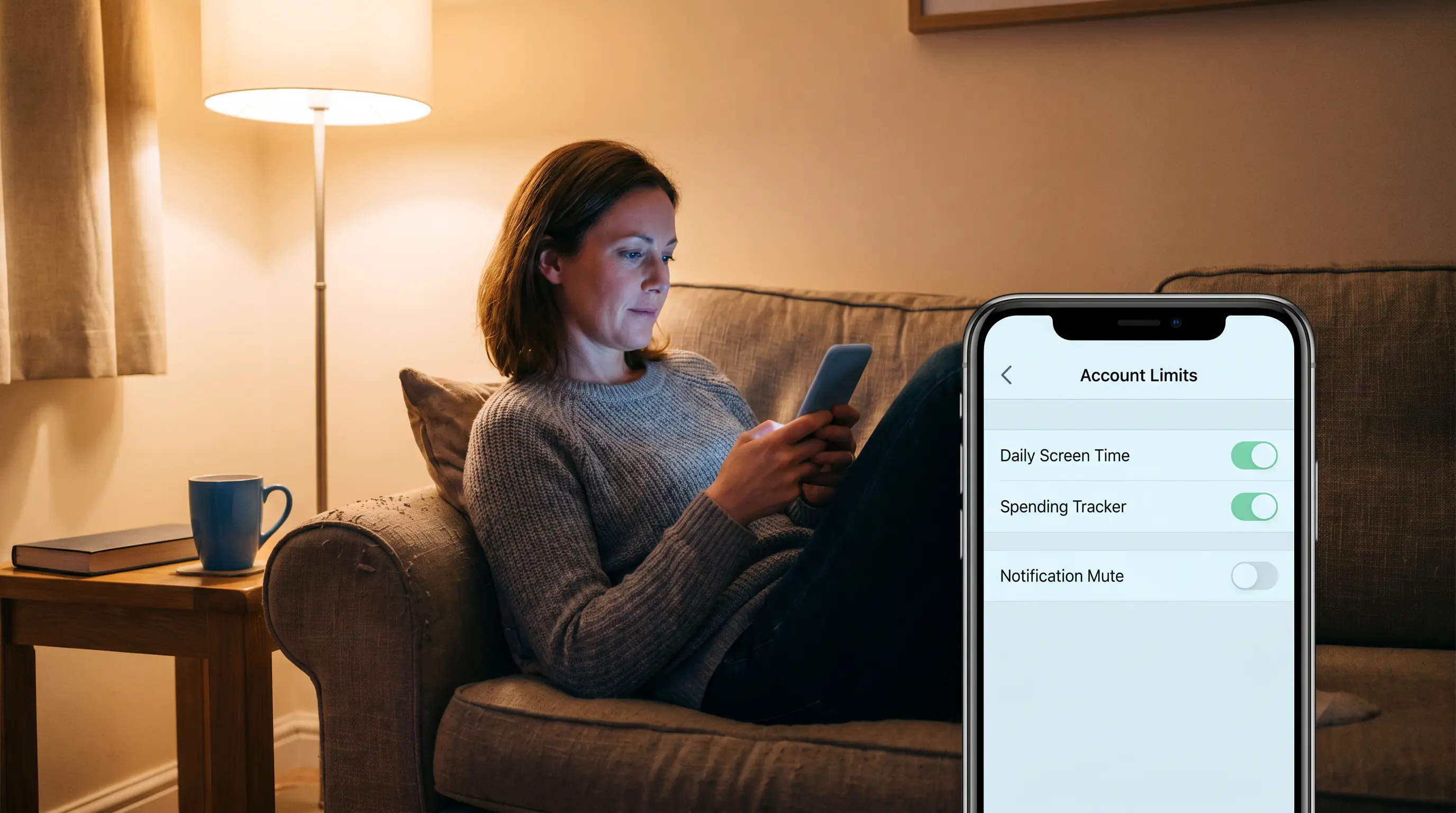 Person using a smartphone safer gambling settings menu in a quiet home environment