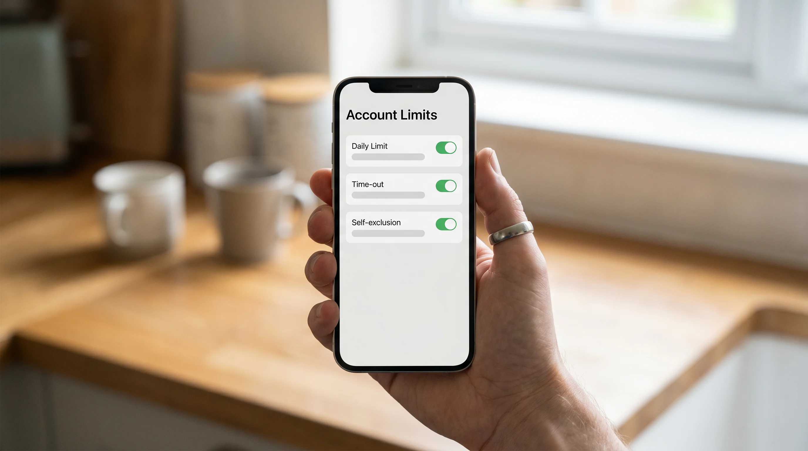 Smartphone showing an account safer-gambling settings panel with toggles