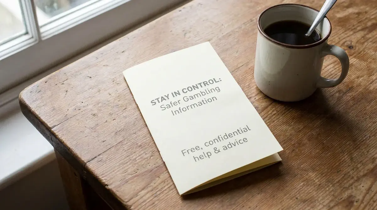 UK safer gambling information leaflet displayed on a wooden table beside a mug of tea