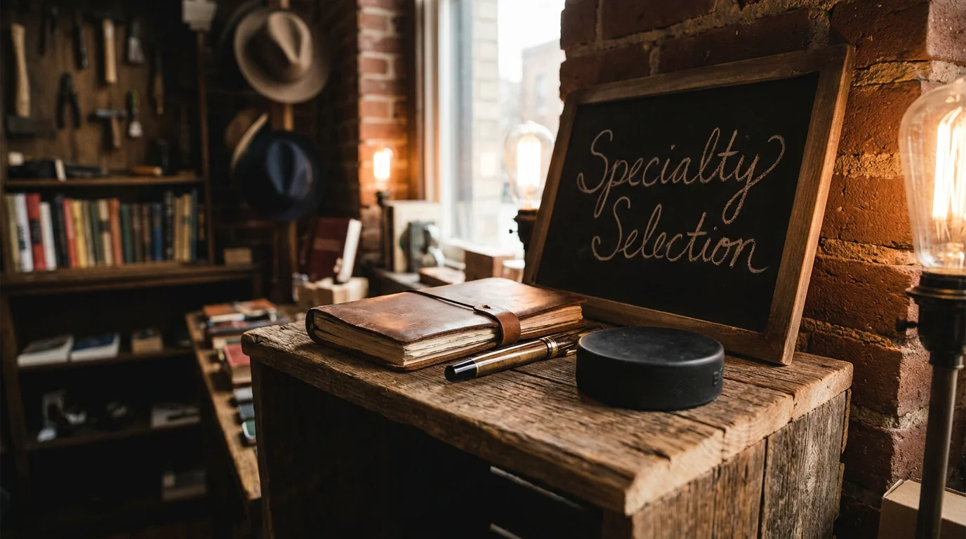 A small artisanal specialty shop window with handcrafted goods displayed