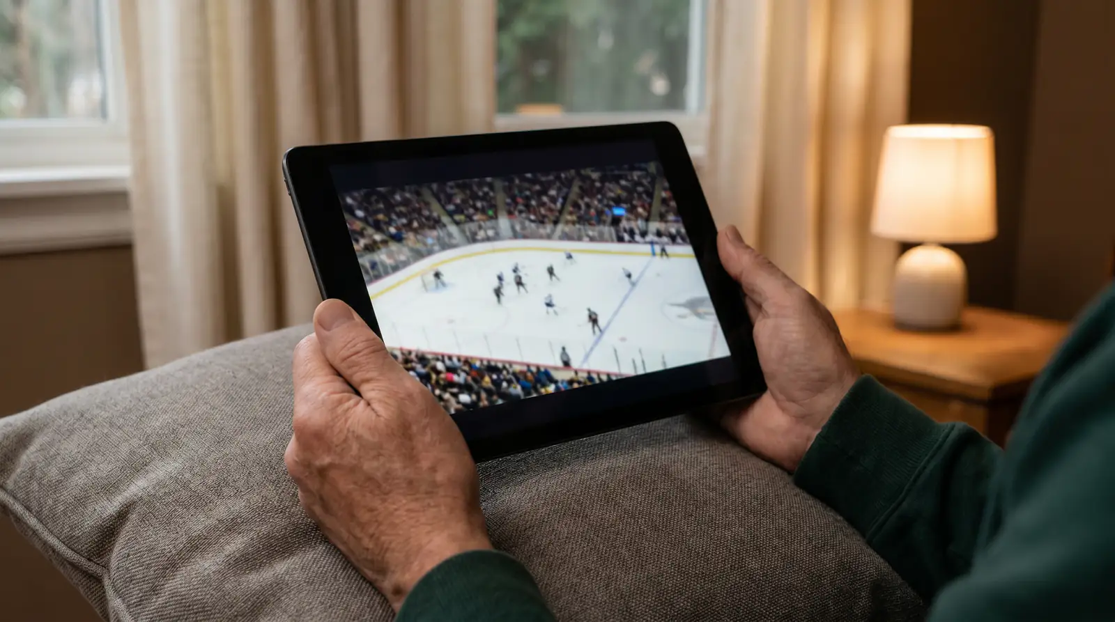 Hands holding a tablet streaming an ice hockey game on a sofa