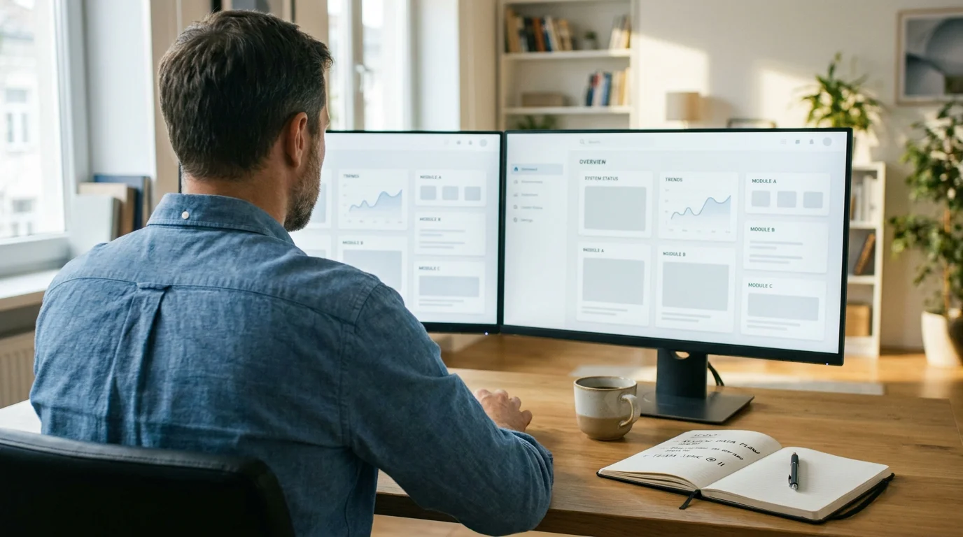 Analyst at a multi-monitor desk reviewing several abstract dashboards