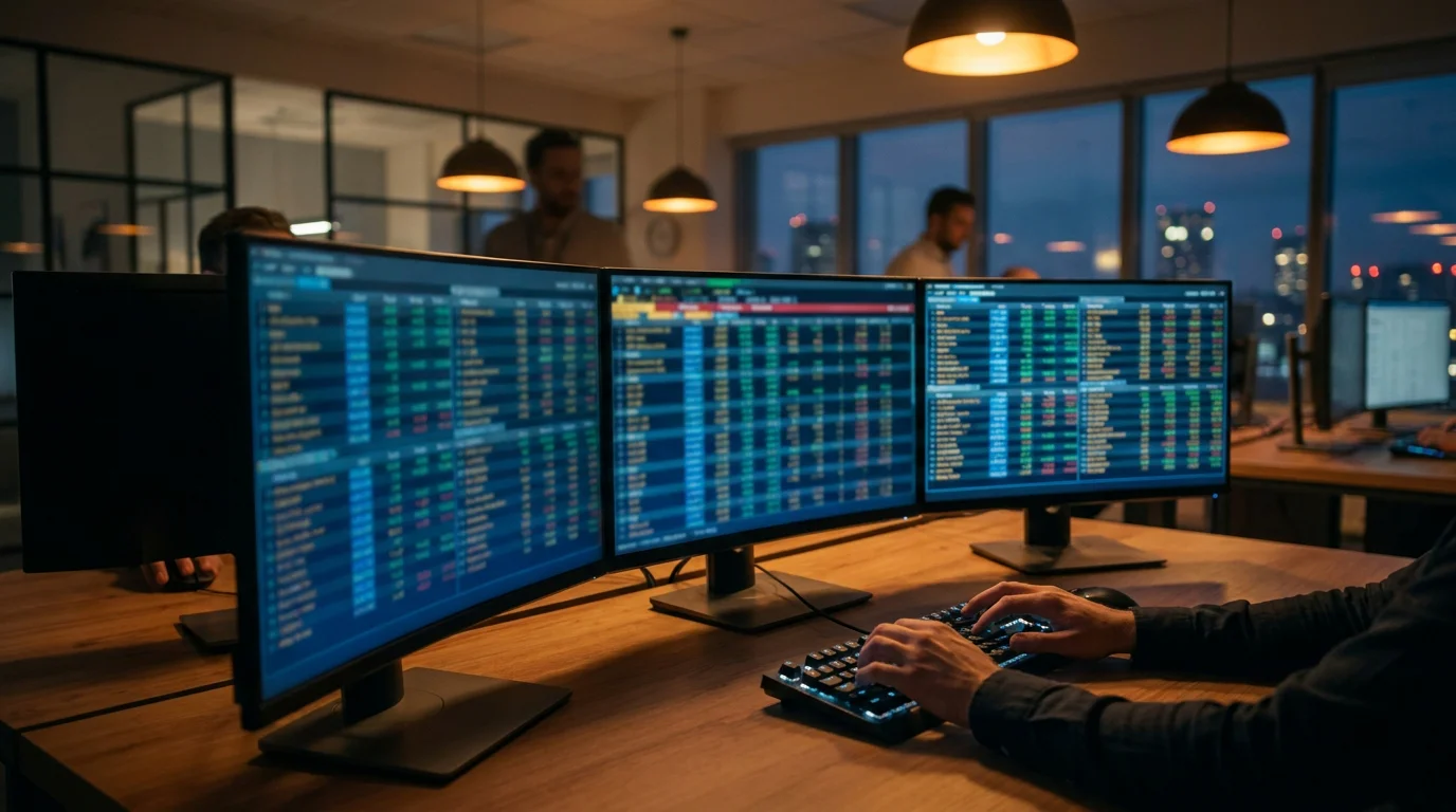 Sportsbook trading desk with multiple odds-pricing screens