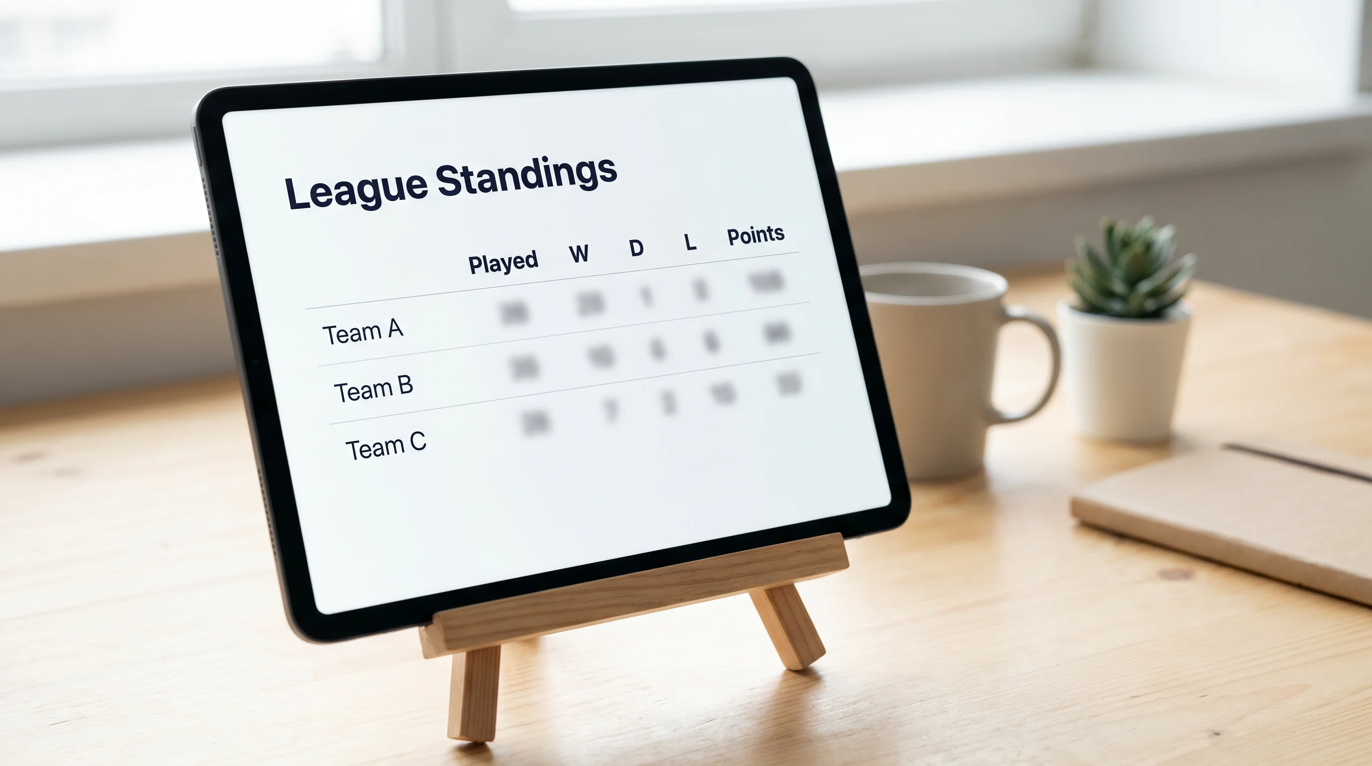 Tablet on a desk showing a clean league standings layout