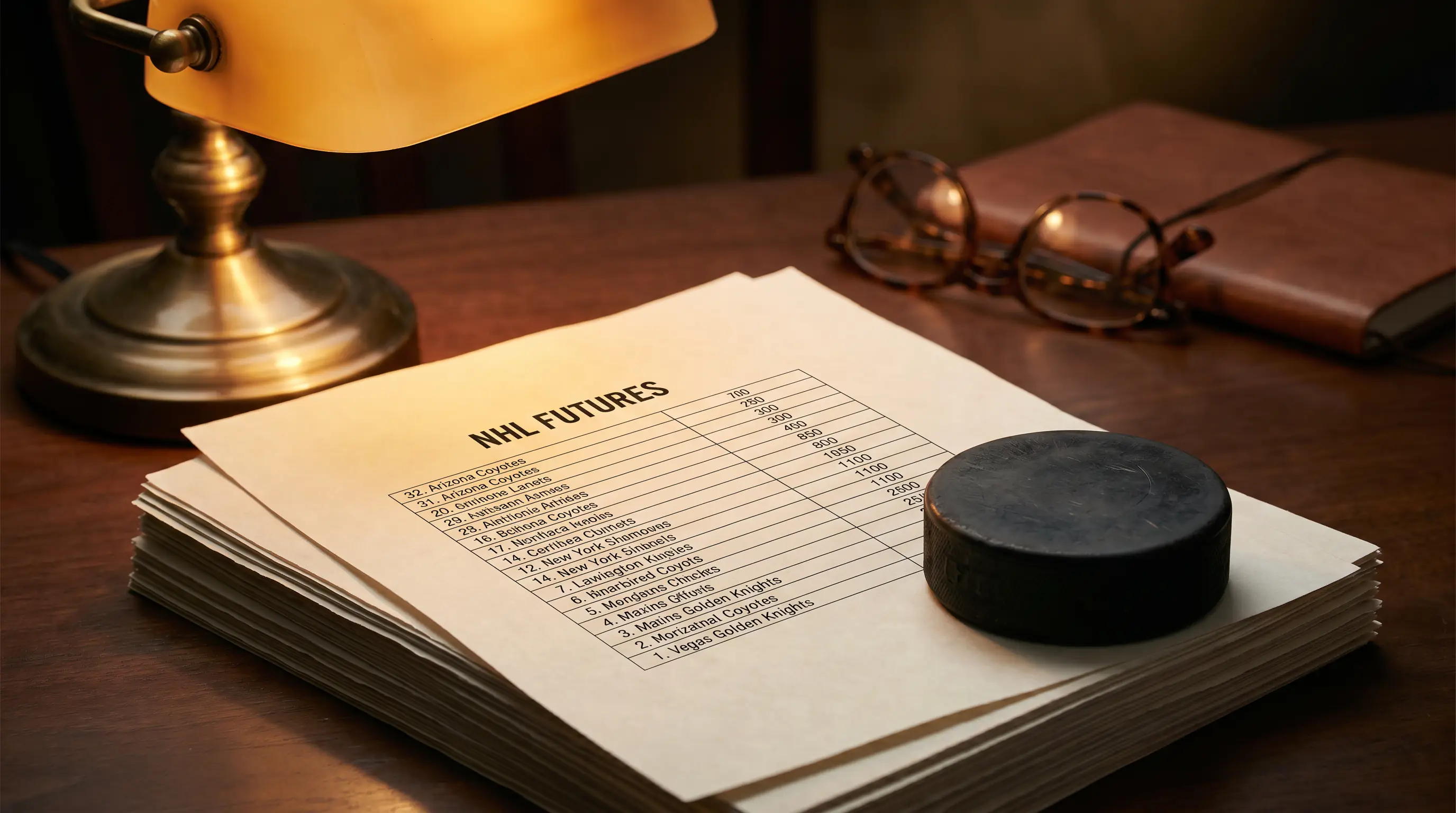 Sportsbook overround illustrated by stacked sheets of NHL outright prices