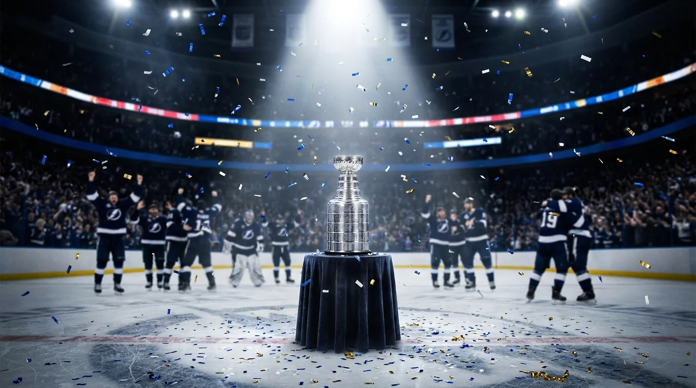 Stanley Cup trophy displayed on a podium at centre ice after the final