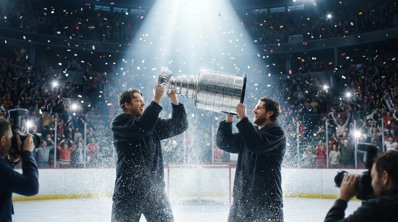 Generic championship trophy being presented on the ice after a final